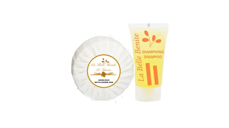 Set de courtoisie LA BELLE BENITE , savon 15g + Shampoing 30ml ( Lot se 50/ 100/ 200)