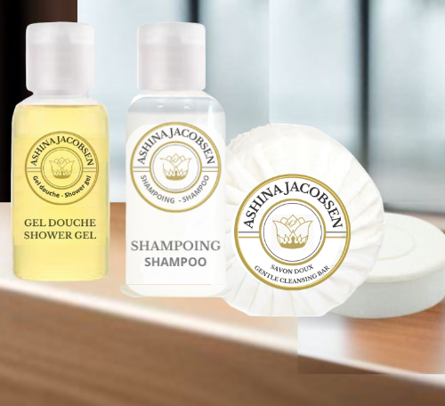 Set de courtoisie ASHINA JACOBSEN Shampoing 30ml+ gel douche 30ml ( Lot se 50/ 100/ 200)