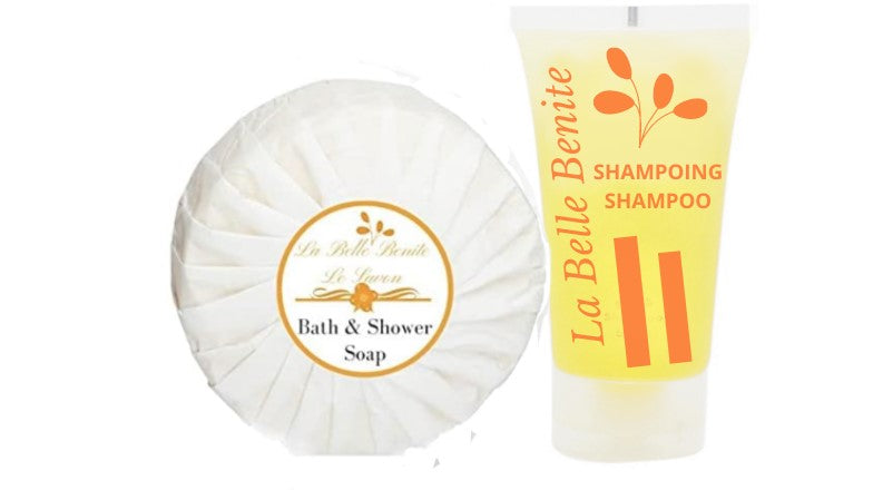 Set de courtoisie LA BELLE BENITE , savon 15g + Shampoing 30ml ( Lot se 50/ 100/ 200)