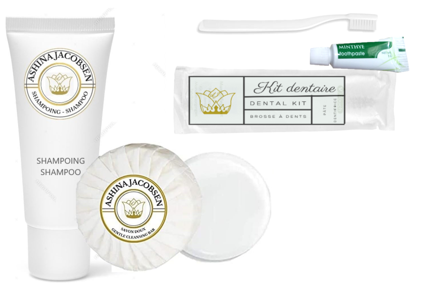 50 Sets ASHINA JACOBSEN:  Savon 20g + Shampoing  cheveux et corps 40ml + kit dentaire