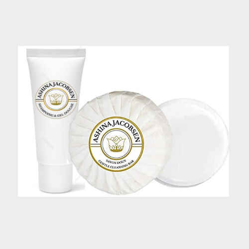 Savon 20g + Shampoing  cheveux 30ml ,( LOT DE 50/ 100/ 200 ARTICLES)Set de courtoisie ASHINA JACOBSEN