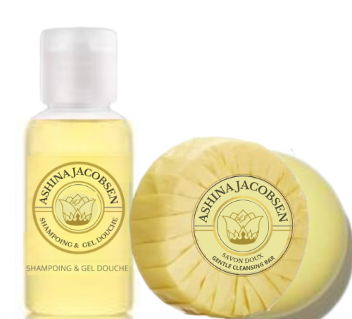 savon 20g + Shampoing 30ml , Set de courtoisie ASHINA JACOBSEN ( Lot de 50 /100 /200)