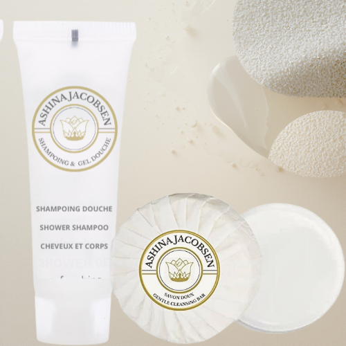 Savon 20g + Shampoing  cheveux et corps 40ml ,( LOT DE 50/ 100/ 200 ARTICLES)Set de courtoisie ASHINA JACOBSEN