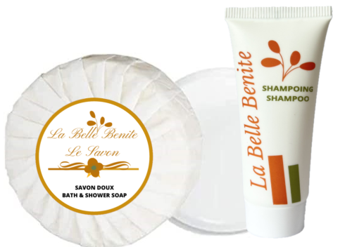 LA BELLE BENITE, Savon 20g + Shampoing 30ml ,( LOT DE 50/ 100/ 200 ARTICLES)Set de courtoisie ASHINA JACOBSEN